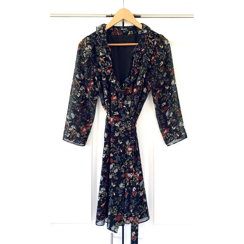 Madewell Wrap Dress Floral Bird Print 3/4 Sleeve Fit & Flare Ruffle Size Small